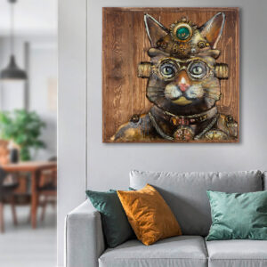 Cheam Metal Steampunk Cat Wall Art In Brown And Green